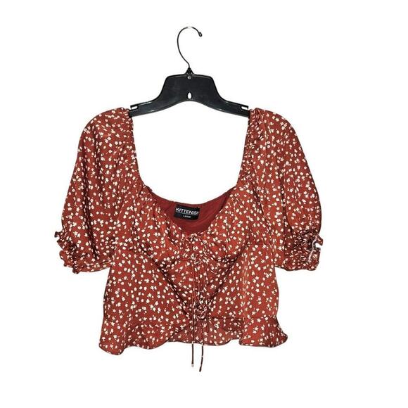 Kittenish Tops - Floral Cropped Red Lace-up Off the Shoulder Puff Sleeves Womens Top Size Large